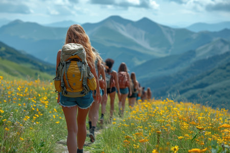An Adventurous Group of Friends Hiking Together Through the Beautiful and Vibrant Mountain Sceneryの素材