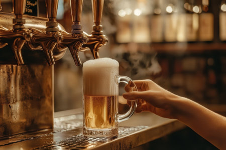 Pouring a Fresh, Cold Beer at a Cozy, Rustic Bar with a Friendly Bartender and Cheerful Vibeの素材