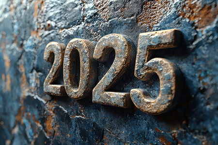 The Year 2025 is beautifully Engraved in a Stone Background, showcasing various artistic elementsの素材