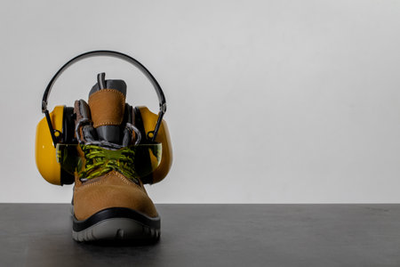 Wear protective gear like boots and ear protection in risky work environments to ensure safetyの写真素材