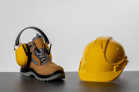 Essential Industrial Safety Gear Including Boots, Helmet, and Ear Protection for All Workersの写真素材