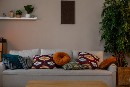 A Cozy and Inviting Living Room Setup Featuring Colorful Cushions and Lush Green Plantsの写真素材