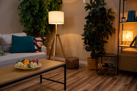 A Cozy and Inviting Living Room Featuring Natural Elements Coupled with Modern Decor Stylesの写真素材