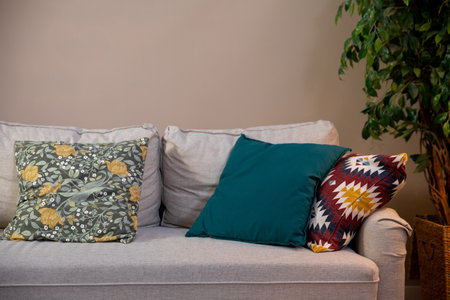 Stylish Couch with Attractive Decorative Throw Pillows in a Contemporary Living Room Settingの写真素材