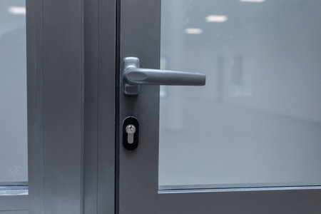 This is a stylish Modern Glass Door featuring a sleek Metal Handle and a reliable Lock systemの写真素材