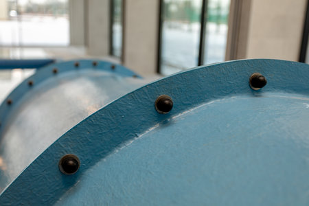 This image captures a detailed closeup of a blue industrial pipe featuring various fasteners