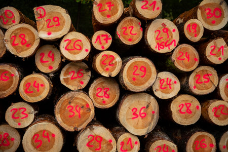 Stacked logs that feature bright red markings for easy identification and sorting purposesの写真素材