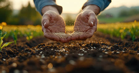 Hands are enthusiastically planting seeds in rich, fertile soil during a beautiful sunriseの素材