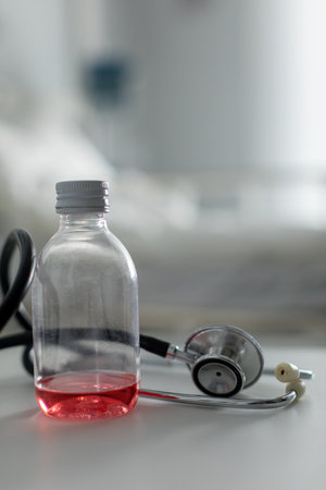 An image showing a medical bottle alongside a stethoscope placed on a desk surfaceの写真素材