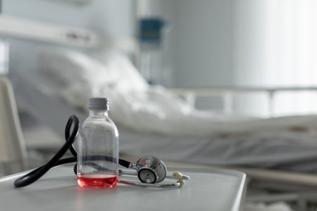 A detailed view of the Medical Equipment set up in a Hospital Room equipped with an IV Dripの写真素材