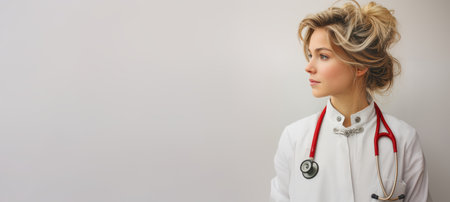 A Thoughtful and Caring Female Doctor Wearing Professional Attire in a Clinical Settingの素材