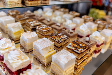 A Delicious Variety of Creamy and Colorful Pastries Artfully Presented on Display for Allの写真素材