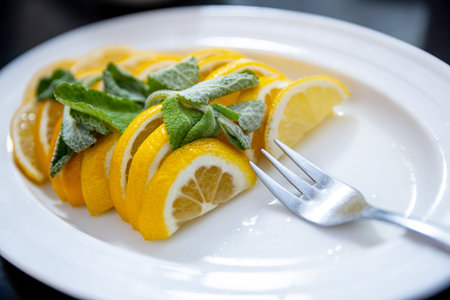 Delicious Fresh Lemon Slices Beautifully Arranged with Mint Garnish on a Bright White Plateの写真素材