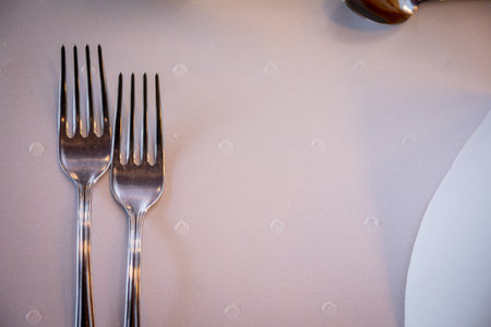 An elegant arrangement of forks meticulously placed on a beautifully set table setting for diningの写真素材