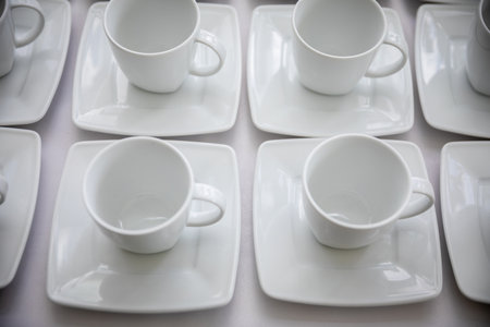 Chic and Elegant White Coffee Cups Set on Contemporary Square Plates for Modern Dining
