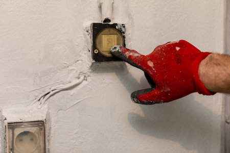 An electrician expertly repairing a switch mounted on the wall while wearing a protective glove
