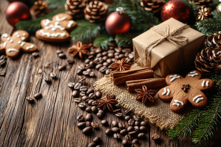 Festive Gingerbread Cookies and Holiday Decorations Set Against Rustic Wooden Backgroundの素材