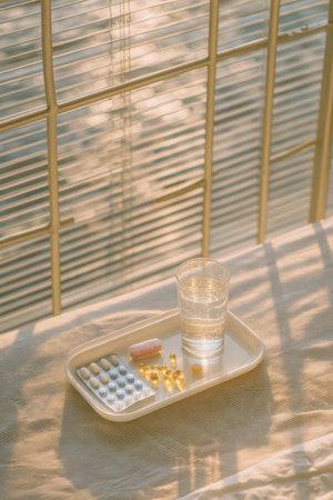 A collection of pills and a glass of water gracefully arranged on a sunlit table surfaceの素材