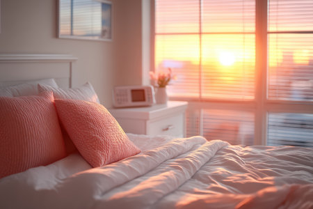 A Serene Bedroom with a Beautiful Sunset View to Create a Relaxing Atmosphere and Comfortの素材
