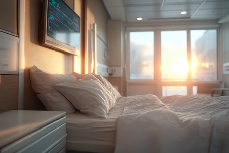 A Sunlit Hospital Room Featuring a Cozy Bed and Various Modern Amenities for Comfortの素材