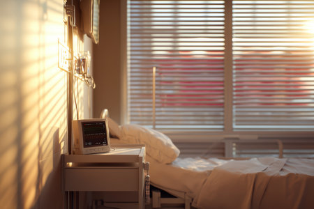 A tranquil hospital room with abundant natural light, fostering a calming atmosphereの素材