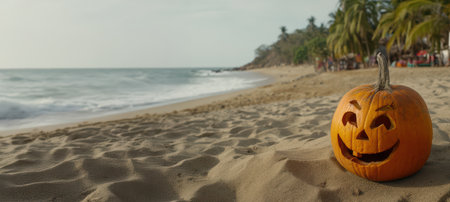 A Smiling Pumpkin on the Beach During a Colorful Halloween Celebration for Everyoneの素材