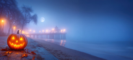 An Eerie Halloween Scene at the Beach with a JackoLantern creates a mesmerizing atmosphere,の素材