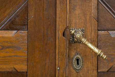 Elegant Wooden Door with Antique Brass Handle and Keyhole design, ideal for any entryway