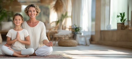 Experience Serene Meditation Moments Shared Between Mother and Daughter in a Tranquil Settingの素材