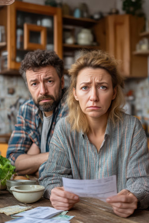 A Concerned Couple Thoroughly Reviewing Their Financial Documents Together in Their Kitchenの素材