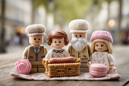 An Enchanting LEGO Family Enjoying Delicious Pastries in a Beautiful Scenic Outdoor Settingの素材