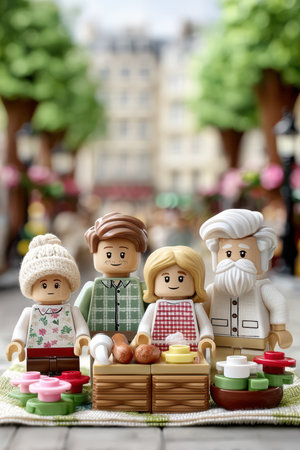 Charming Family Gathering Featuring Colorful LEGO Creations at the Vibrant Market Placeの素材