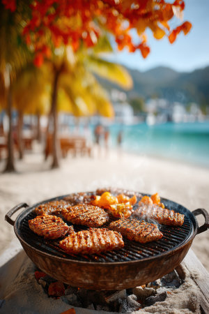 Enjoy the Ultimate Beach BBQ with Delicious Grilled Delicacies Under Tropical Skiesの素材