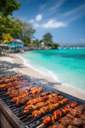 Indulge in Grilled Delicacies by the Beach while Enjoying Beautiful Tropical Vibesの素材