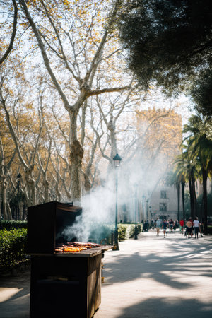 Join us for an exciting outdoor barbecue event in a vibrant urban park this autumnの素材