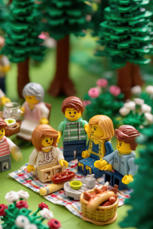 Lego Family Picnic in a Beautiful and Lush Forest Setting, Enjoying Each Others Companyの素材