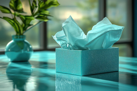 An Elegant Teal Tissue Box Featuring a Beautiful Decorative Facade and a Lovely Plant Backgroundの素材