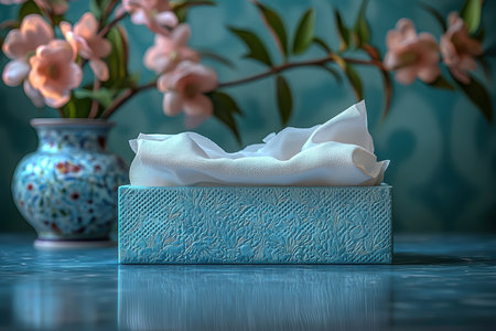 An Elegant Tissue Box featuring a Lovely Floral Arrangement against a Vibrant Backgroundの素材