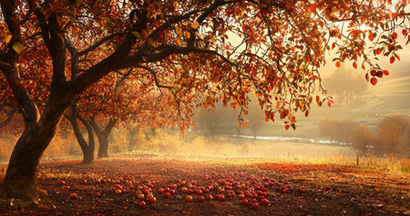 An Autumn Orchard adorned with Fallen Apples illuminates in the warm and golden lightの素材