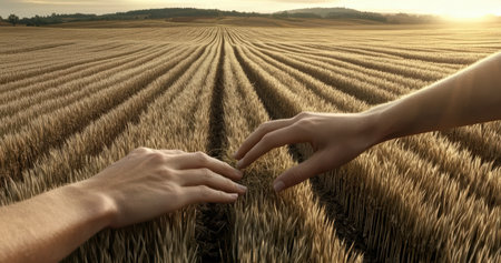 Hands Reaching Out Across a Beautiful Wheat Field at the Time of Sunset Moving Gracefullyの素材