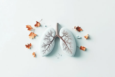 A Creative and Artistic Concept Illustrating Lungs Filled with Beautiful Autumn Leavesの素材