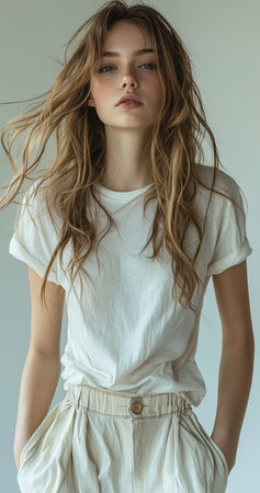A Casual Fashion Portrait Featuring a Young Woman Captured Beautifully in Natural Lightの素材