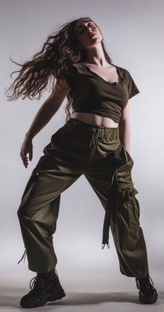 A Stylish and Urban Dance Pose is Artfully Showcased in a Chic Olive Green Outfit Ensembleの素材