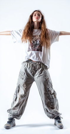 Trendy Model Posing in Casual Streetwear, Capturing a Unique and Stylish Lifestyleの素材