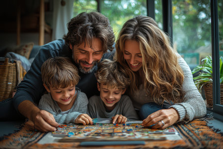 Family Bonding While Working Together on a Jigsaw Puzzle During a Cozy Evening at Homeの素材