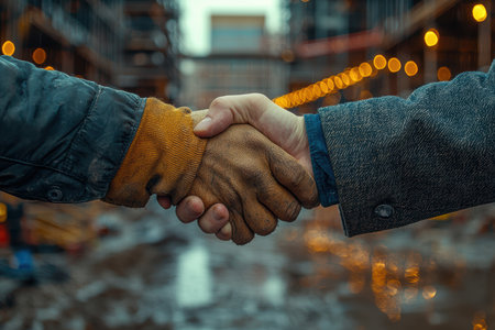 Handshake Between Two Workers at a Busy Construction Site, Symbolizing Unity and Cooperationの素材