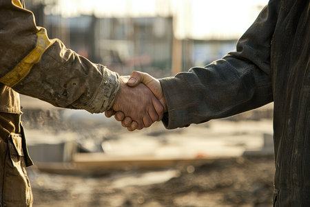 Workers at the construction site share a friendly handshake, symbolizing collaboration and successの素材