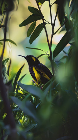 A Colorful Bird Perched Gracefully Amidst Lush Green Leaves in Serene Nature Settingの素材