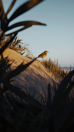A Serene Beach Scene Featuring a Bird Gracefully Perched on the Dune by the Oceanの素材