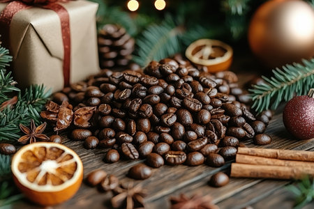 Delight in Festive Coffee Beans and Holiday Decor for perfect gatherings and celebrationsの素材